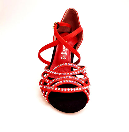 Scarpa da donna Wish Dance Shop Onda QC (BI-Flex) Marylu in raso seta rossa con cinturino incrociato, tacco a rochetto, dettagli Swarovski