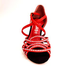 Carica immagine nella Galleria, Onda QC (BI-Flex) MARYLU - Scarpa da Donna in Raso Seta Rosso Cinturino Incrociato sul Collo Piede Swarovski Boreali Parziale solo avanti Fondo Extraflex Competition Tacco a Rocchetto
