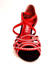 Load image into Gallery viewer, Onda QC (BI-Flex) MARYLU - Scarpa da Donna in Raso Seta Rosso Cinturino Incrociato sul Collo Piede Swarovski Boreali Parziale solo avanti Fondo Extraflex Competition Tacco a Rocchetto
