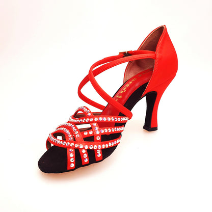 Scarpa da donna Wish Dance Shop Onda QC (BI-Flex) Marylu in raso di seta rossa con cinturino incrociato, tacco a rocchetto, dettagli Swarovski.