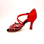 Carica immagine nella Galleria, Onda QC (BI-Flex) MARYLU - Scarpa da Donna in Raso Seta Rosso Cinturino Incrociato sul Collo Piede Swarovski Boreali Parziale solo avanti Fondo Extraflex Competition Tacco a Rocchetto
