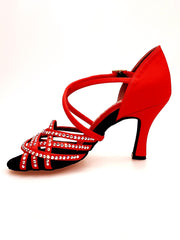 Load image into Gallery viewer, Onda QC (BI-Flex) MARYLU - Scarpa da Donna in Raso Seta Rosso Cinturino Incrociato sul Collo Piede Swarovski Boreali Parziale solo avanti Fondo Extraflex Competition Tacco a Rocchetto
