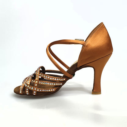 Scarpa da donna Wish Dance Shop Onda QC (BI-Flex) MARYLU in raso seta bronzo con cinturino incrociato, tacco a rocchetto e dettagli Swarovski.