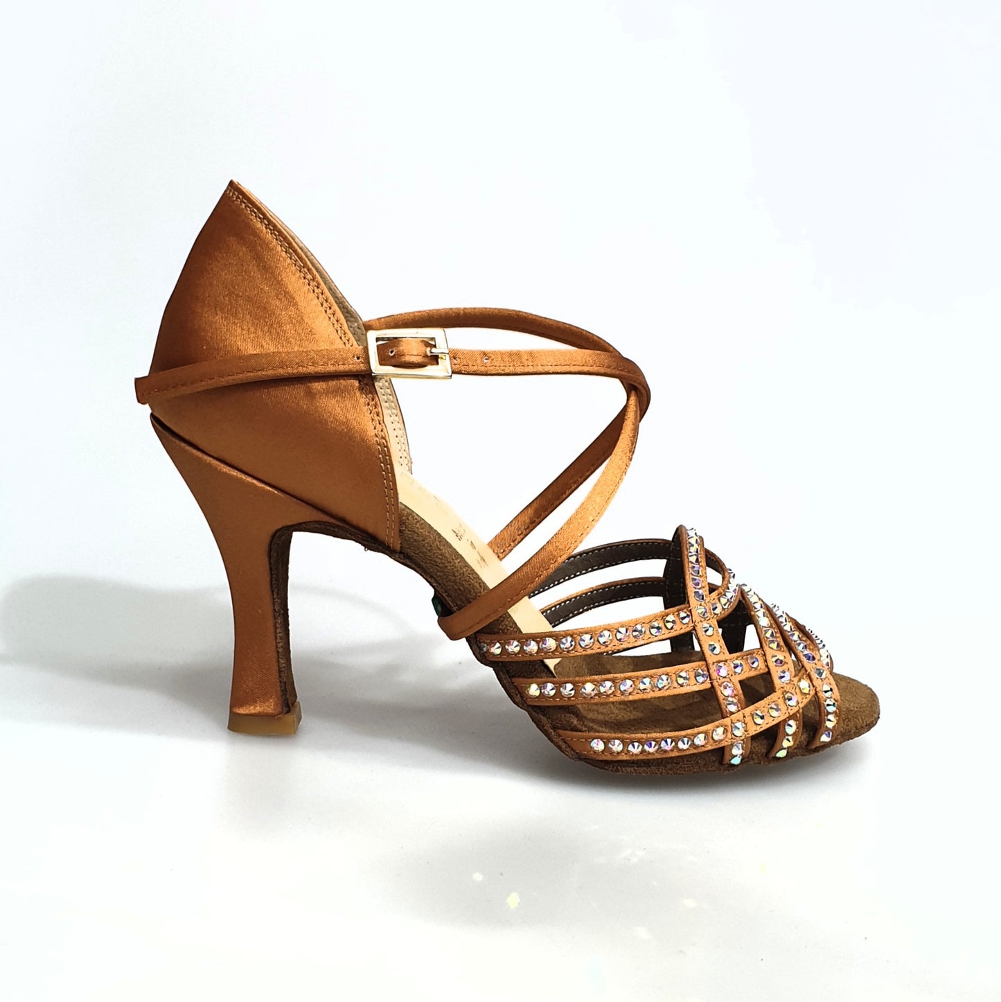 Scarpa da donna Onda QC BI-Flex Marylu in raso seta bronzo con cinturino incrociato, Swarovski, tacco a rochetto, fondo extraflex.
