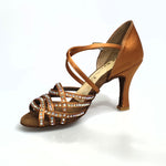 Carica immagine nella Galleria, Onda QC (BI-Flex) MARYLU - Scarpa Da Donna in Raso Seta Bronzo Cinturino incrociato su Collopiede con Swarovski Boreali Parziali solo avanti e Fondo Extraflex Competition Tacco a Rocchetto
