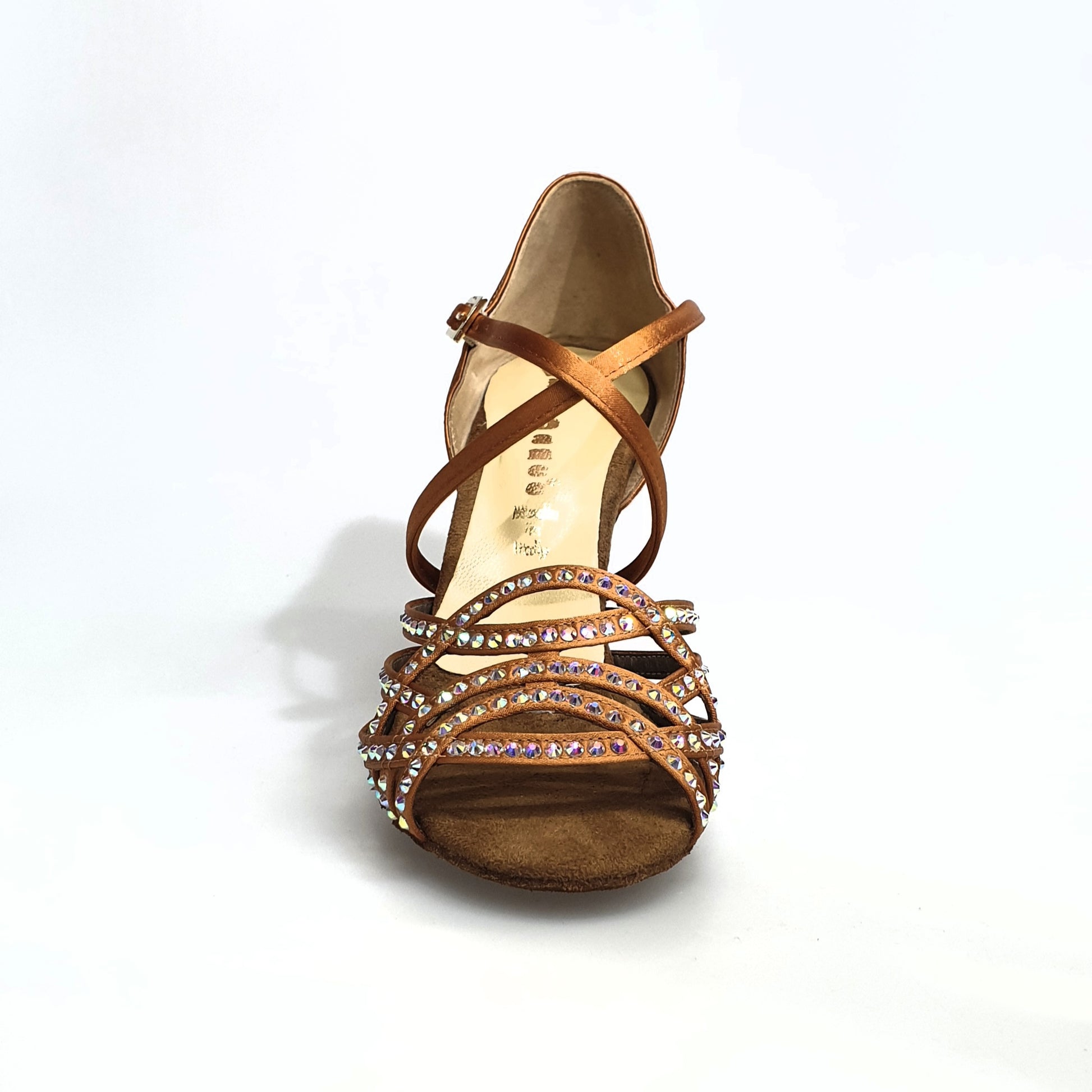 Scarpa da donna Wish Dance Shop Onda QC MARYLU in raso seta bronzo con cinturino incrociato, tacco rocchetto, dettagli Swarovski.
