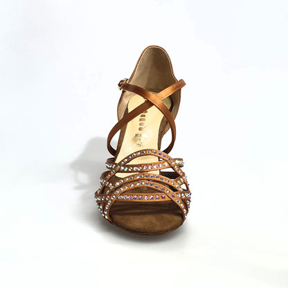 Scarpa da donna Wish Dance Shop Onda QC MARYLU in raso seta bronzo con cinturino incrociato, tacco rocchetto, dettagli Swarovski.