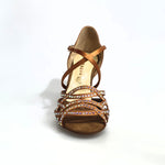 Carica immagine nella Galleria, Onda QC (BI-Flex) MARYLU - Scarpa Da Donna in Raso Seta Bronzo Cinturino incrociato su Collopiede con Swarovski Boreali Parziali solo avanti e Fondo Extraflex Competition Tacco a Rocchetto
