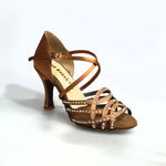 Carica immagine nella Galleria, Onda QC (BI-Flex) MARYLU - Scarpa Da Donna in Raso Seta Bronzo Cinturino incrociato su Collopiede con Swarovski Boreali Parziali solo avanti e Fondo Extraflex Competition Tacco a Rocchetto
