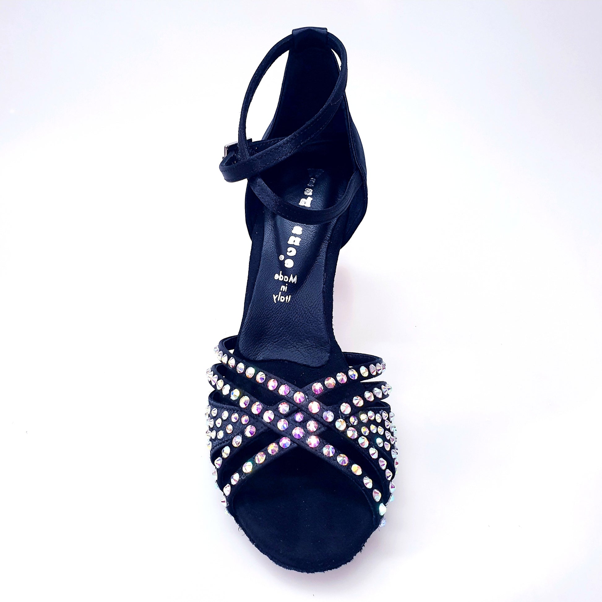 Scarpa da donna Wish Dance Shop Soledàd QB Plus in raso di seta nero con cinturino incrociato alla caviglia e dettagli Swarovski Boreali