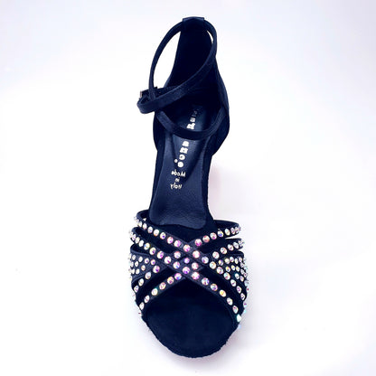 Scarpa da donna Wish Dance Shop Soledàd QB Plus in raso di seta nero con cinturino incrociato alla caviglia e dettagli Swarovski Boreali