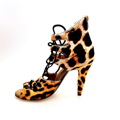 Sandalo da donna Laura Leopard con cinturino in camoscio marrone e dettaglio in cavallino maculato leopardato beige e marrone