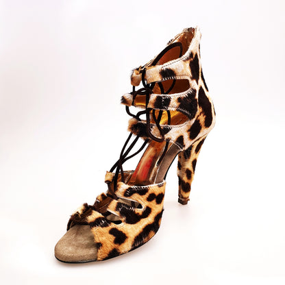 Sandalo da donna Wish Dance Shop Laura Leopard in camoscio marrone con dettagli in cavallino maculato leopardato beige e marrone