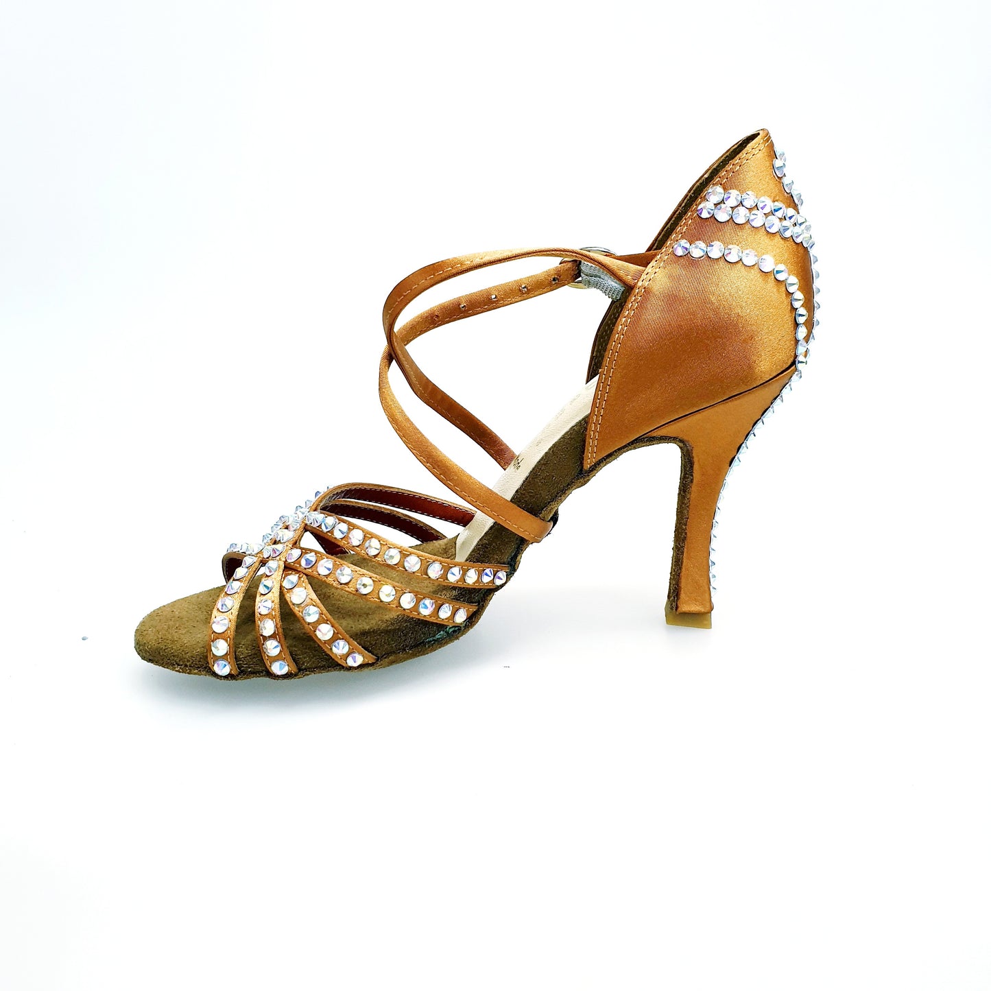 Scarpa da ballo donna Melody QC Plus Wish Dance Shop in raso seta bronzo con cinturino incrociato, Swarovski Boreali e tacco a rocchettino