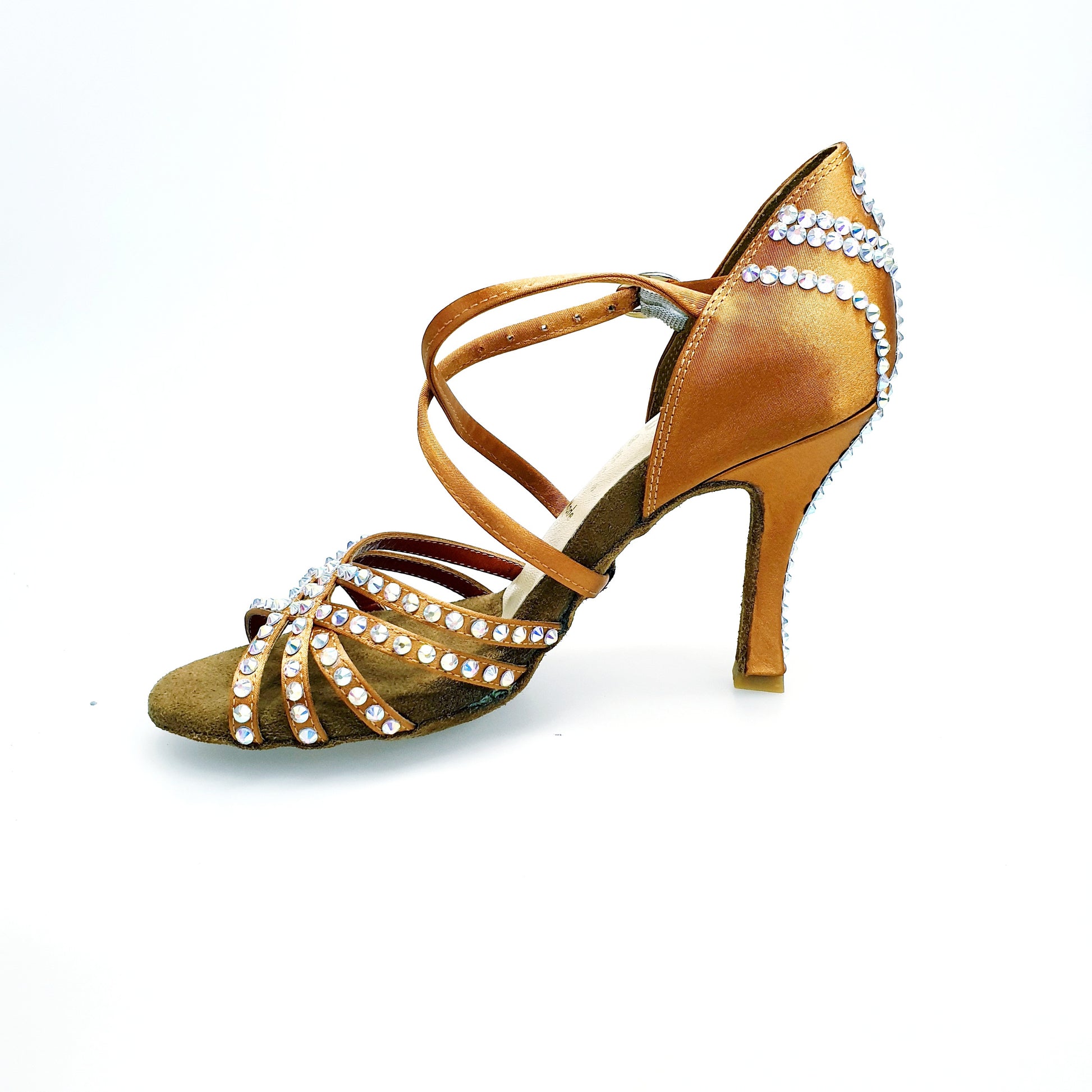 Scarpa da ballo donna Melody QC Plus Wish Dance Shop in raso seta bronzo con cinturino incrociato, Swarovski Boreali e tacco a rocchettino