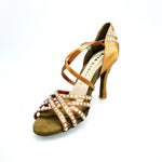 Load image into Gallery viewer, MELODY QC Plus (45QC) - Scarpa da Ballo da Donna in Raso Seta Bronzo con 5 strisce Senza Rete con cinturino incrociato sul collopiede e Swarovski Boreali Disegno Fantasy Tacco a Rocchettino
