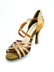 Carica immagine nella Galleria, MELODY QC Plus (45QC) - Scarpa da Ballo da Donna in Raso Seta Bronzo con 5 strisce Senza Rete con cinturino incrociato sul collopiede e Swarovski Boreali Disegno Fantasy Tacco a Rocchettino
