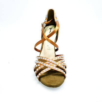 Scarpa da ballo donna Melody QC Plus Wish Dance Shop in raso seta bronzo con cinturino incrociato, Swarovski e tacco a rocchetto