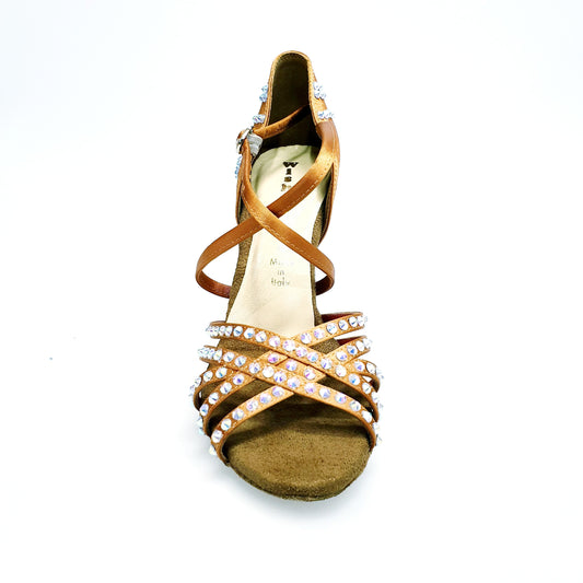Scarpa da ballo donna Melody QC Plus Wish Dance Shop in raso seta bronzo con cinturino incrociato, Swarovski e tacco a rocchetto