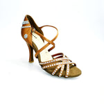 Load image into Gallery viewer, MELODY QC Plus (45QC) - Scarpa da Ballo da Donna in Raso Seta Bronzo con 5 strisce Senza Rete con cinturino incrociato sul collopiede e Swarovski Boreali Disegno Fantasy Tacco a Rocchettino
