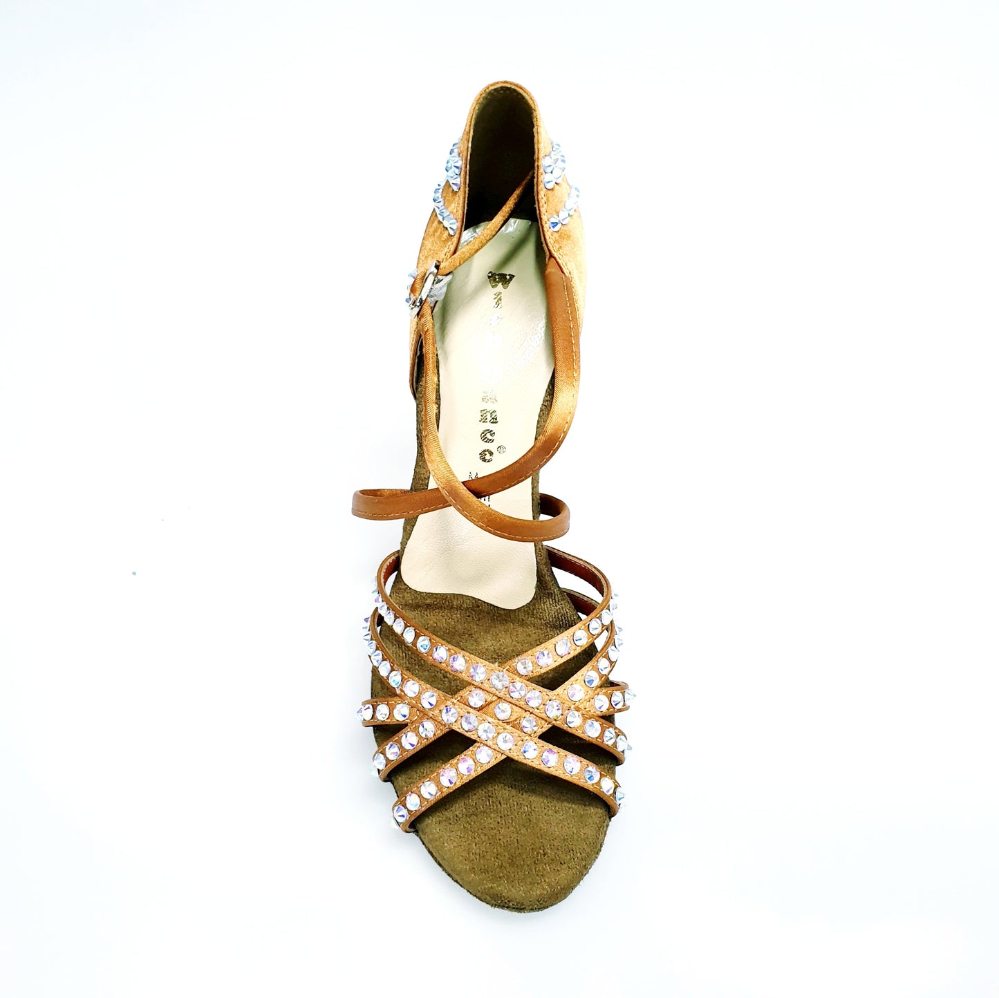 Scarpa da ballo donna Melody QC Plus Wish Dance Shop in raso seta bronzo, cinturino incrociato, Swarovski Boreali e tacco a rocchettino