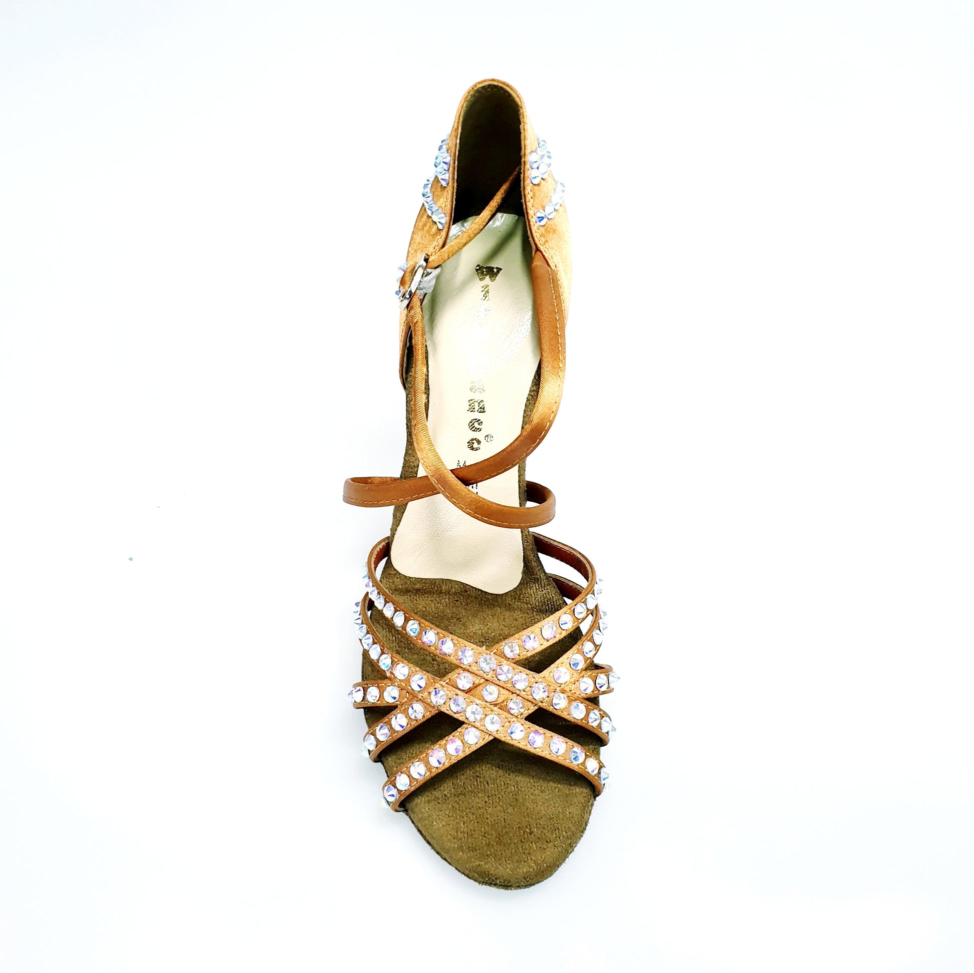 Scarpa da ballo donna Melody QC Plus Wish Dance Shop in raso seta bronzo, cinturino incrociato, Swarovski Boreali e tacco a rocchettino