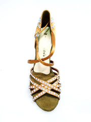 Carica immagine nella Galleria, MELODY QC Plus (45QC) - Scarpa da Ballo da Donna in Raso Seta Bronzo con 5 strisce Senza Rete con cinturino incrociato sul collopiede e Swarovski Boreali Disegno Fantasy Tacco a Rocchettino
