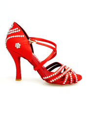 Load image into Gallery viewer, MELODY QC Plus (45QC) - Scarpa da Ballo da Donna in Raso Seta Rosso con 5 strisce Senza Rete con cinturino incrociato sul collopiede e Swarovski Boreali Disegno Fantasy Tacco a Rocchettino
