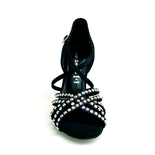 MELODY QC Plus (45QC) - Scarpa da Ballo da Donna in Raso Seta Nero con 5 strisce Senza Rete con cinturino incrociato sul collopiede e Swarovski Boreali Disegno Fantasy Tacco a Rocchettino