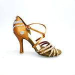 Load image into Gallery viewer, MELODY QC Plus (45QC) - Scarpa da Ballo da Donna in Raso Seta Bronzo con 5 strisce Senza Rete con cinturino incrociato sul collopiede e Swarovski Boreali Disegno Fantasy Tacco a Rocchettino
