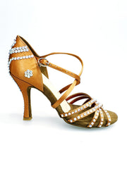 Carica immagine nella Galleria, MELODY QC Plus (45QC) - Scarpa da Ballo da Donna in Raso Seta Bronzo con 5 strisce Senza Rete con cinturino incrociato sul collopiede e Swarovski Boreali Disegno Fantasy Tacco a Rocchettino
