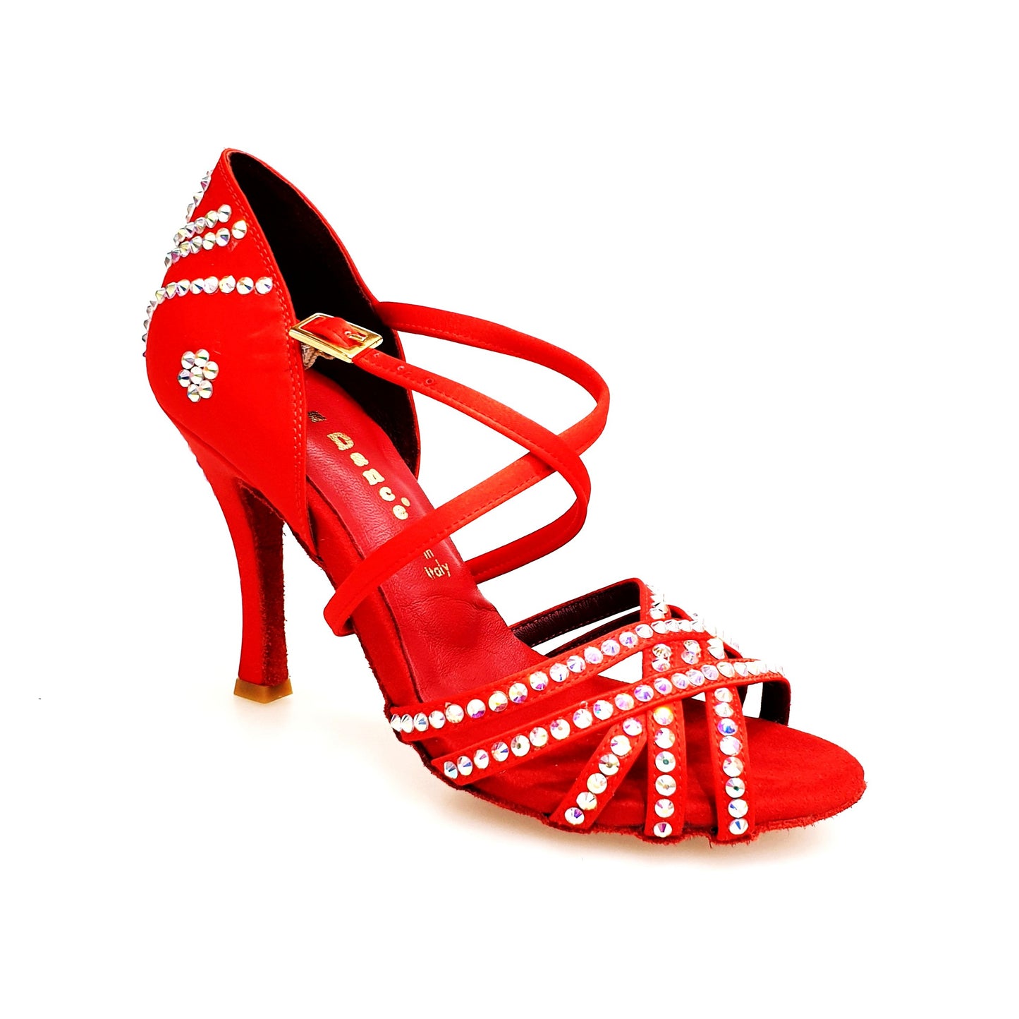 Scarpa da donna Melody QC Plus Wish Dance Shop in raso seta rosso, con cinturino incrociato, dettagli Swarovski e tacco a rocchetto