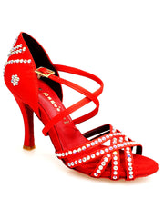 Load image into Gallery viewer, MELODY QC Plus (45QC) - Scarpa da Ballo da Donna in Raso Seta Rosso con 5 strisce Senza Rete con cinturino incrociato sul collopiede e Swarovski Boreali Disegno Fantasy Tacco a Rocchettino

