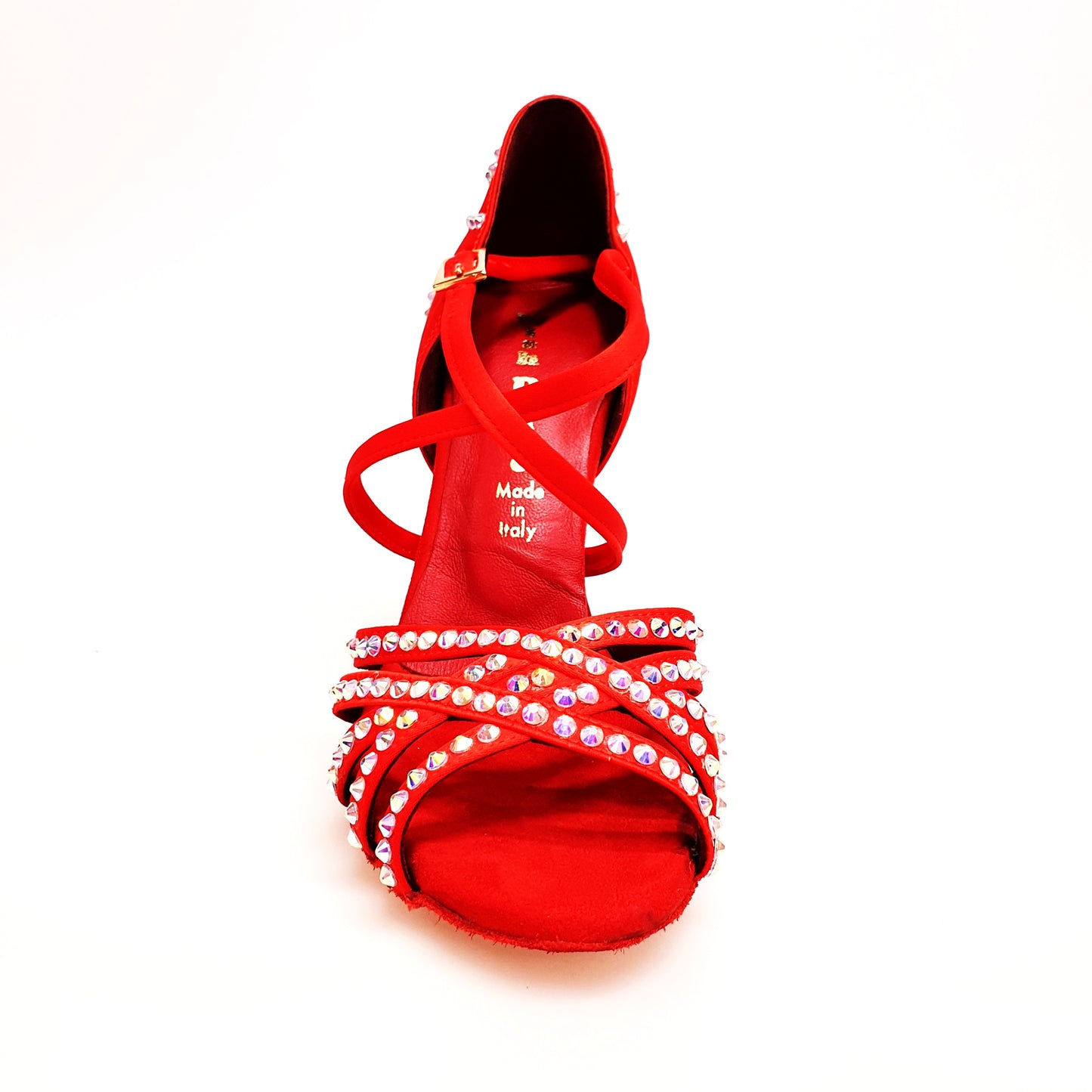 Scarpa da donna Melody QC Plus Wish Dance Shop in raso di seta rossa con cinturino incrociato e dettagli Swarovski, tacco a rocchettino.
