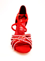 Load image into Gallery viewer, MELODY QC Plus (45QC) - Scarpa da Ballo da Donna in Raso Seta Rosso con 5 strisce Senza Rete con cinturino incrociato sul collopiede e Swarovski Boreali Disegno Fantasy Tacco a Rocchettino
