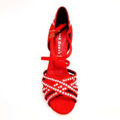 Scarpa da donna Melody QC Plus Wish Dance Shop in raso seta rosso con cinturino incrociato, dettagli Swarovski e tacco a rocchetto