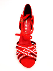 Load image into Gallery viewer, MELODY QC Plus (45QC) - Scarpa da Ballo da Donna in Raso Seta Rosso con 5 strisce Senza Rete con cinturino incrociato sul collopiede e Swarovski Boreali Disegno Fantasy Tacco a Rocchettino
