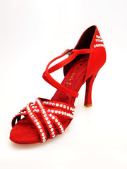 Load image into Gallery viewer, MELODY QC Plus (45QC) - Scarpa da Ballo da Donna in Raso Seta Rosso con 5 strisce Senza Rete con cinturino incrociato sul collopiede e Swarovski Boreali Disegno Fantasy Tacco a Rocchettino
