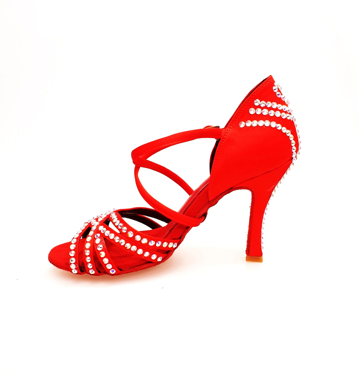 Scarpa da donna Melody QC Plus Wish Dance Shop in raso di seta rosso con cinturino incrociato, dettagli Swarovski e tacco rocchetto