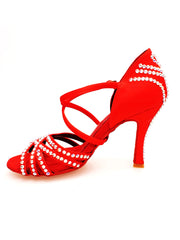 Load image into Gallery viewer, MELODY QC Plus (45QC) - Scarpa da Ballo da Donna in Raso Seta Rosso con 5 strisce Senza Rete con cinturino incrociato sul collopiede e Swarovski Boreali Disegno Fantasy Tacco a Rocchettino
