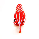 Carica immagine nella Galleria, MELODY QC Plus (45QC) - Scarpa da Ballo da Donna in Raso Seta Rosso con 5 strisce Senza Rete con cinturino incrociato sul collopiede e Swarovski Boreali Disegno Fantasy Tacco a Rocchettino
