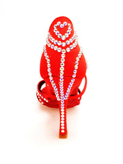 Load image into Gallery viewer, MELODY QC Plus (45QC) - Scarpa da Ballo da Donna in Raso Seta Rosso con 5 strisce Senza Rete con cinturino incrociato sul collopiede e Swarovski Boreali Disegno Fantasy Tacco a Rocchettino
