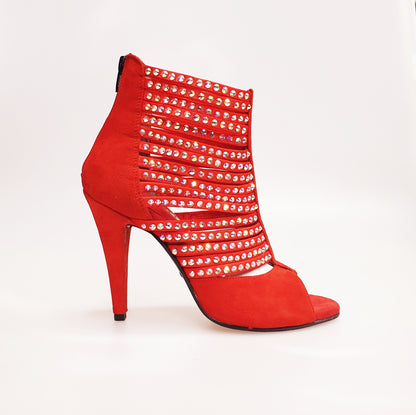 Sandalo donna Elizabeth Plus Wish Dance Shop in camoscio rosso con zip e Swarovski Boreali, stile tronchetto nero.