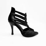 Load image into Gallery viewer, Lilith (460) - Sandalo da Donna in Cavallino Nero pelo corto con Tallone e Tacco in Pelle Nera elastici neri Tacco a Rocchettino sottile
