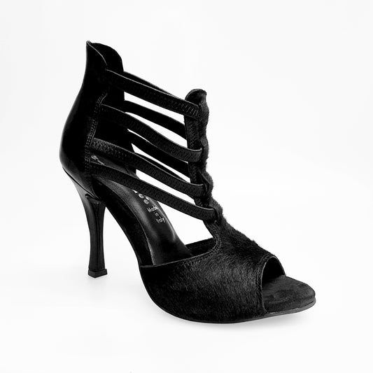 Sandalo da donna Lilith (460) in cavallino nero, tallone e tacco in pelle, elastici neri, tacco sottile a rocchetto.