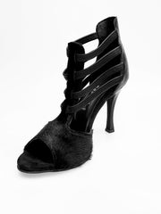 Load image into Gallery viewer, Lilith (460) - Sandalo da Donna in Cavallino Nero pelo corto con Tallone e Tacco in Pelle Nera elastici neri Tacco a Rocchettino sottile
