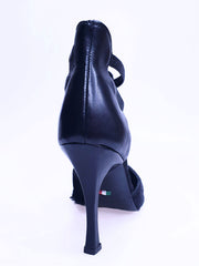 Load image into Gallery viewer, Lilith (460) - Sandalo da Donna in Cavallino Nero pelo corto con Tallone e Tacco in Pelle Nera elastici neri Tacco a Rocchettino sottile
