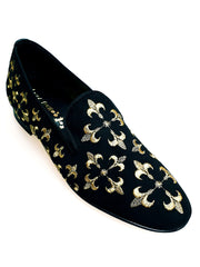 Load image into Gallery viewer, LIRIO CRUZADO (MS20) - Mocassino in Camoscio Nero Ricamo Giglio in Oro Forma Lunga
