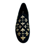 Load image into Gallery viewer, LIRIO CRUZADO (MS20) - Mocassino in Camoscio Nero Ricamo Giglio in Oro Forma Lunga
