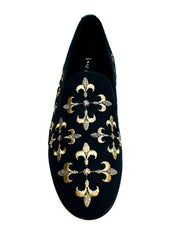 Load image into Gallery viewer, LIRIO CRUZADO (MS20) - Mocassino in Camoscio Nero Ricamo Giglio in Oro Forma Lunga
